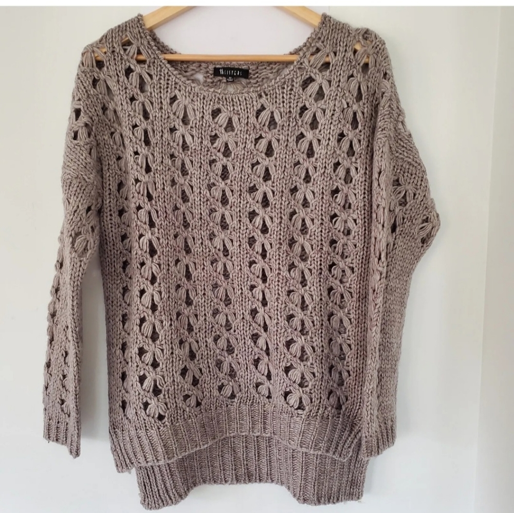 SISTERS Sz M Brown Gray Chunky Open Knit Wool Blend Sweater 3/4 Sleeve Relaxed